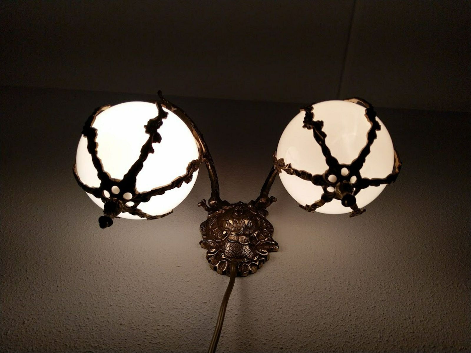 photo for sale Double Brass Sconce Art Nouveau Style With Milk Glass Globes Lampshades