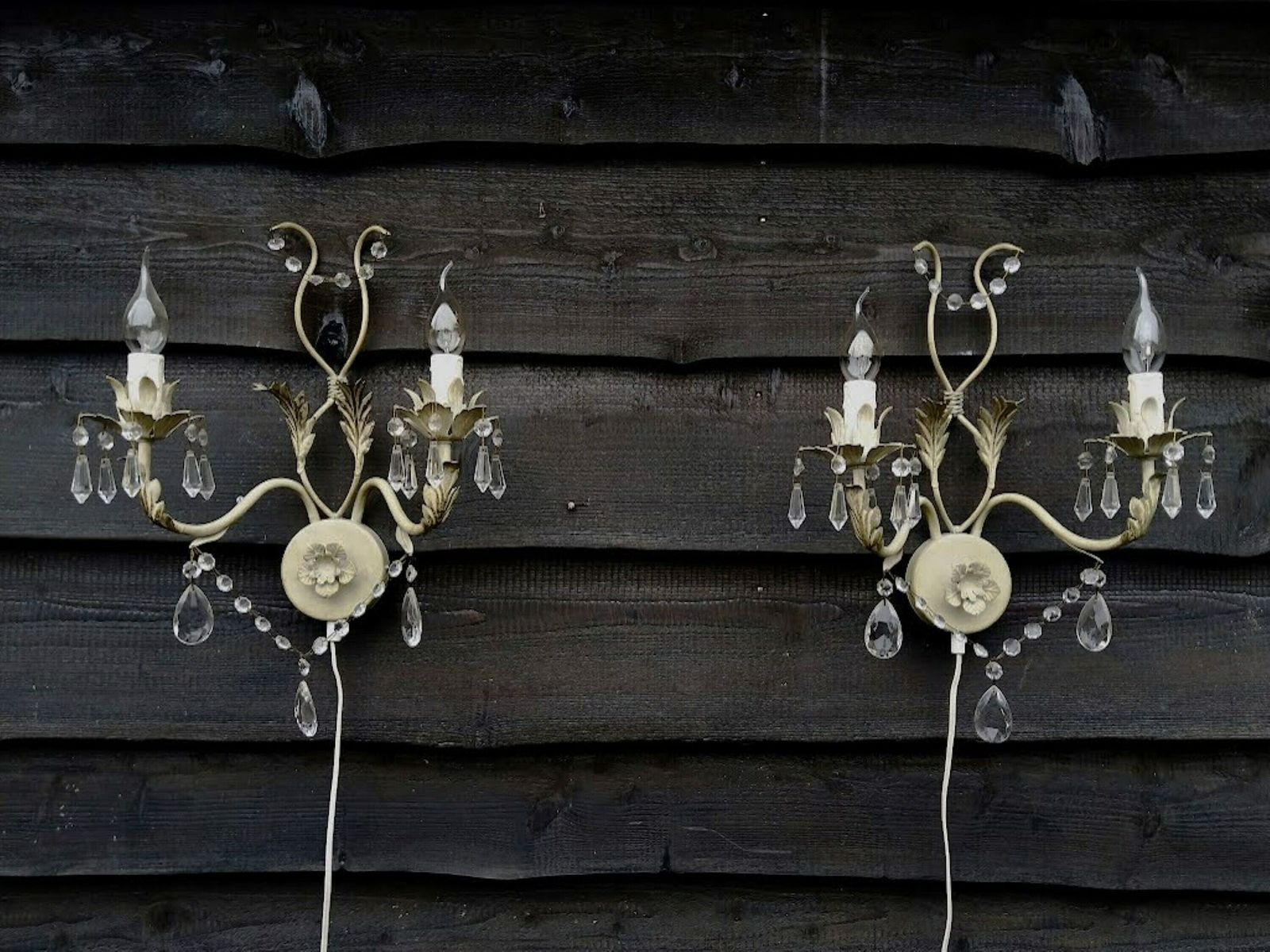 Pair Of Italian Tole White Sconces With Leaves And Crystals, Wall Lamps With Long Cord, Dimmer, Switch And Plug photo furniture
