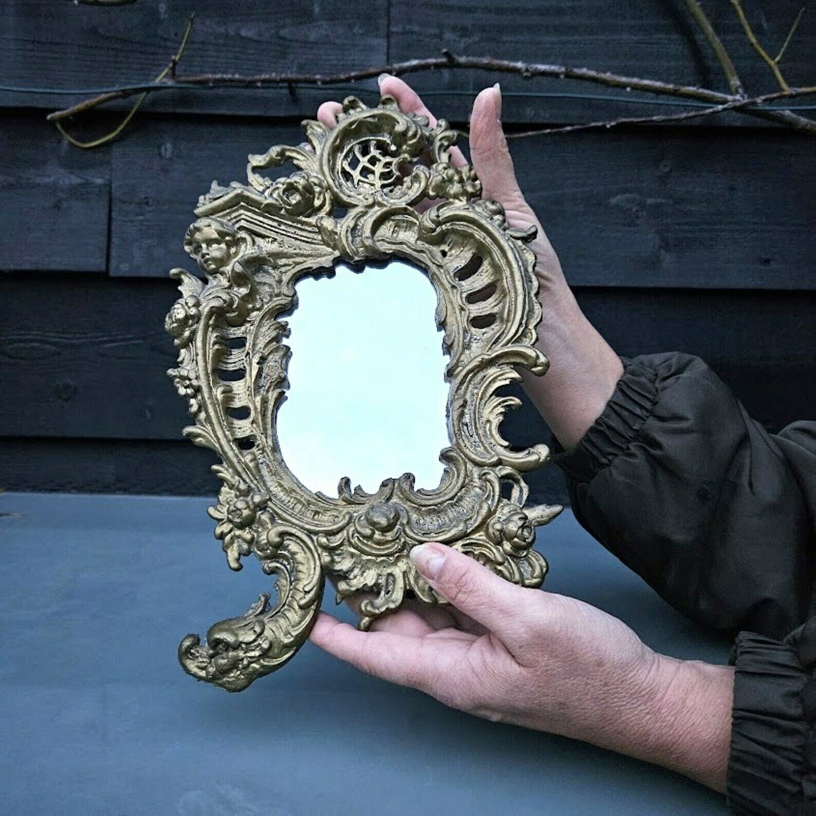 French Antique Rococo Table Top Vanity Mirror Golden Brass Frame With Cherub And Flowers/Christmas Gift For Her/Bridal Shower Gift For Bride photo Home Decor