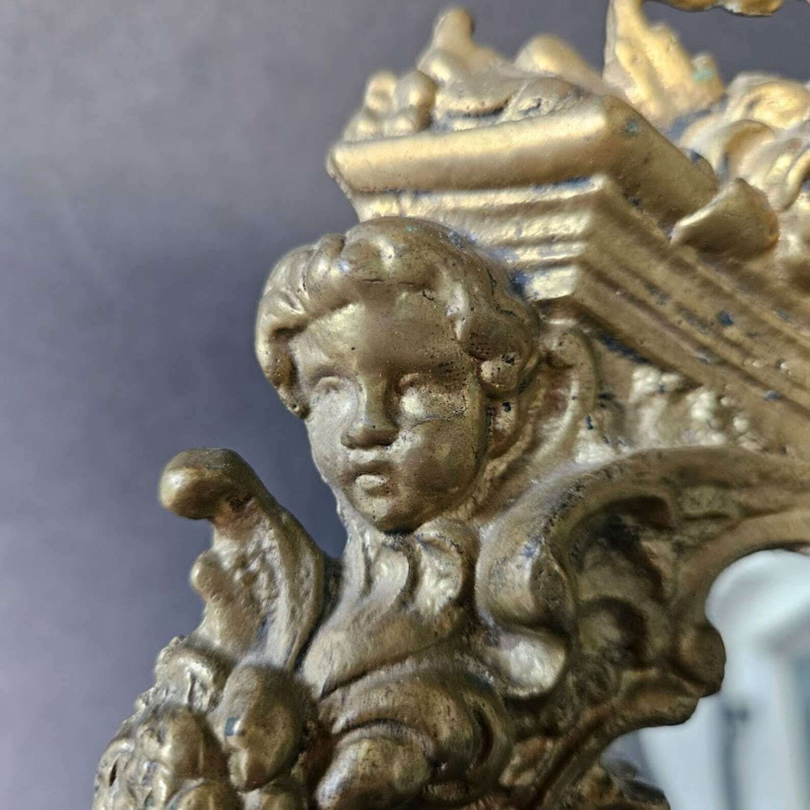 photo for sale French Antique Rococo Table Top Vanity Mirror Golden Brass Frame With Cherub And Flowers/Christmas Gift For Her/Bridal Shower Gift For Bride