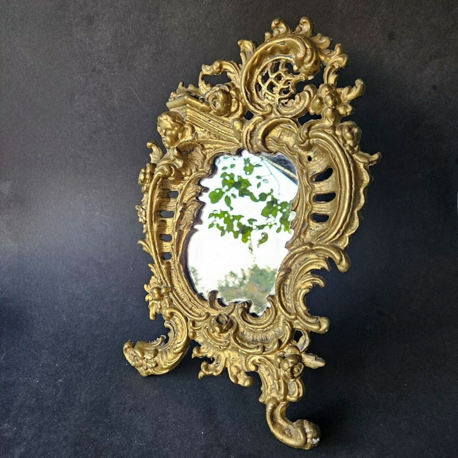 179.0 French Antique Rococo Table Top Vanity Mirror Golden Brass Frame With Cherub And Flowers/Christmas Gift For Her/Bridal Shower Gift For Bride photo