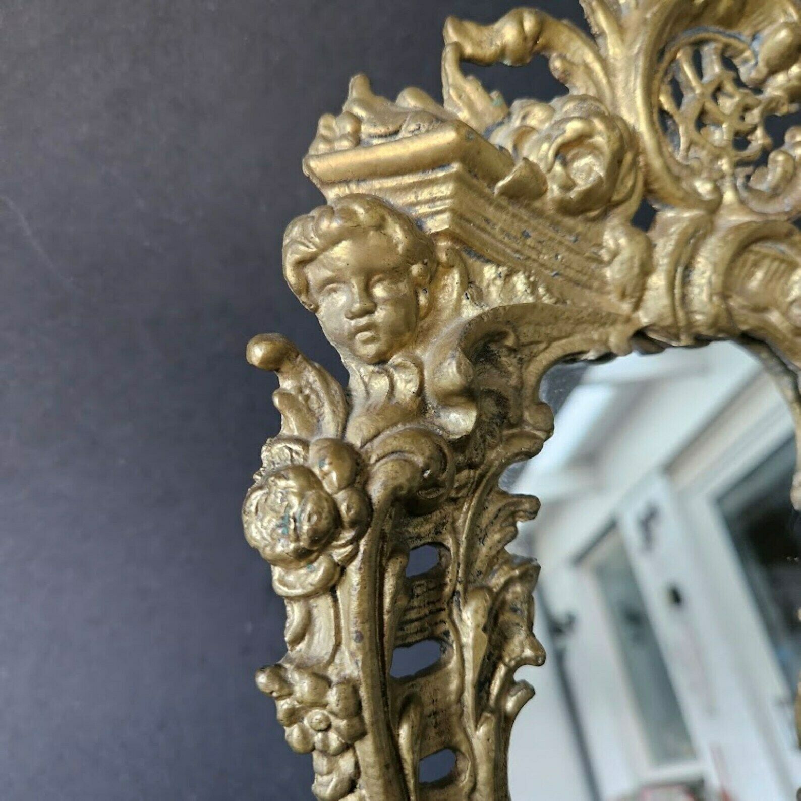 photo buy French Antique Rococo Table Top Vanity Mirror Golden Brass Frame With Cherub And Flowers/Christmas Gift For Her/Bridal Shower Gift For Bride