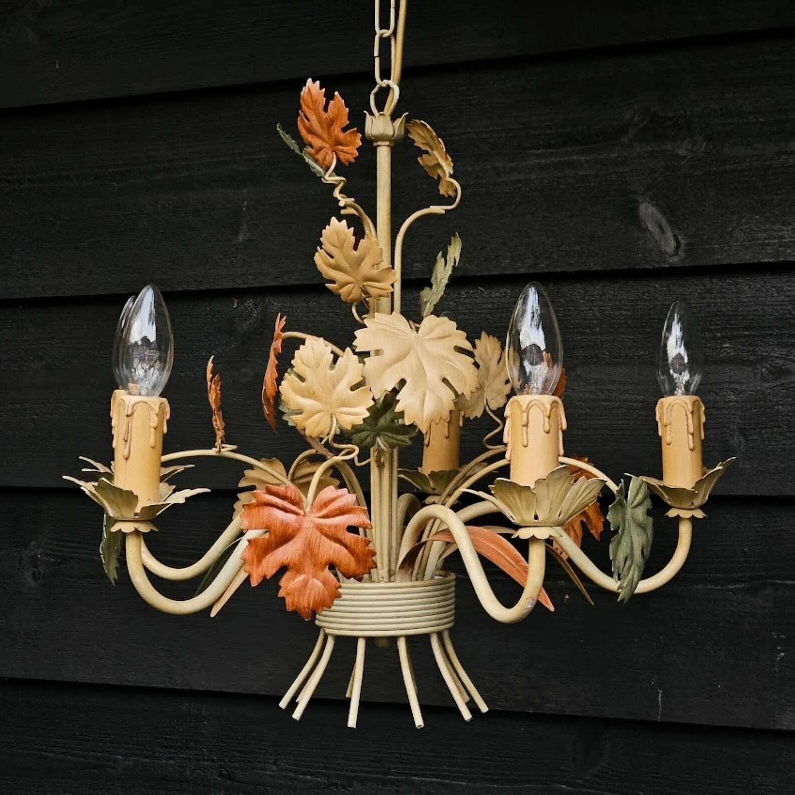Tole Chandelier Grapevine Leaves In Beige, Orange , Green Tones, 5 Arms, Autumn Decor