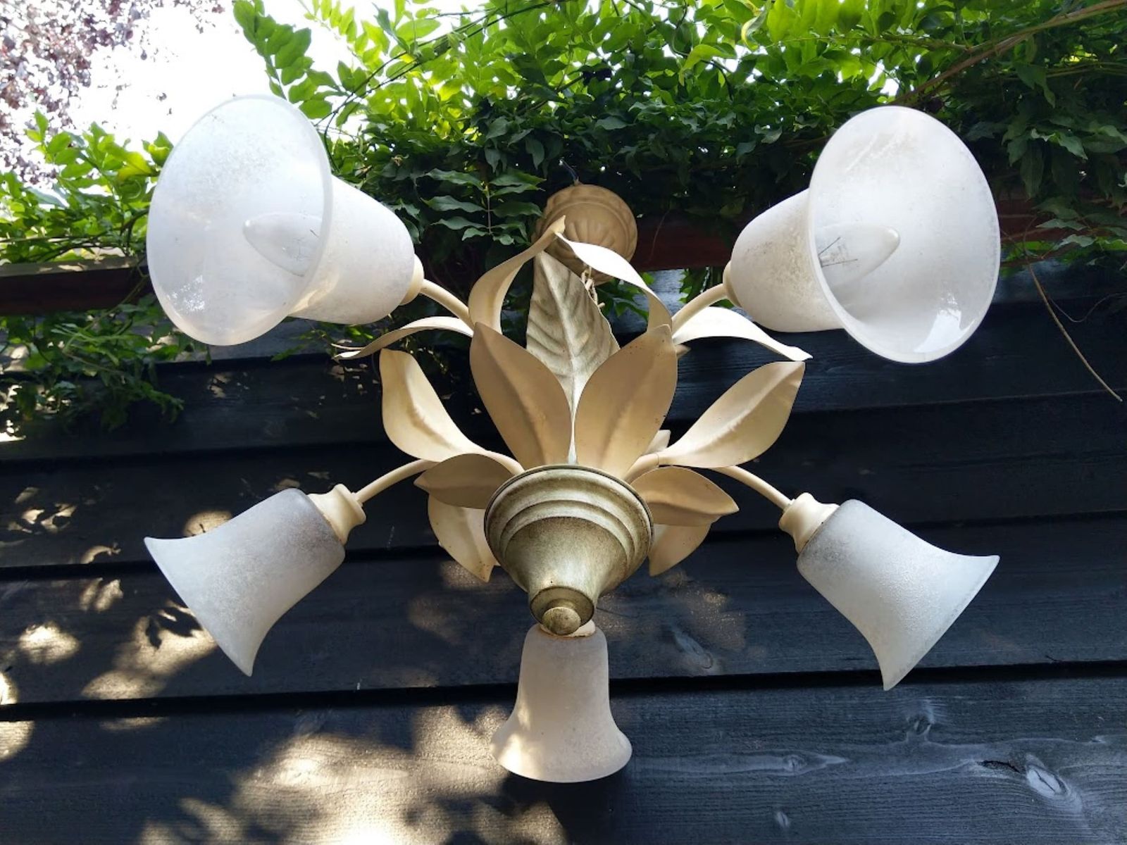 Tole Chandelier Leaves And Frosted Lampshades Cream Green 5 Arms, Toleware Ceiling Light, Toleware Leaves Chandelier
