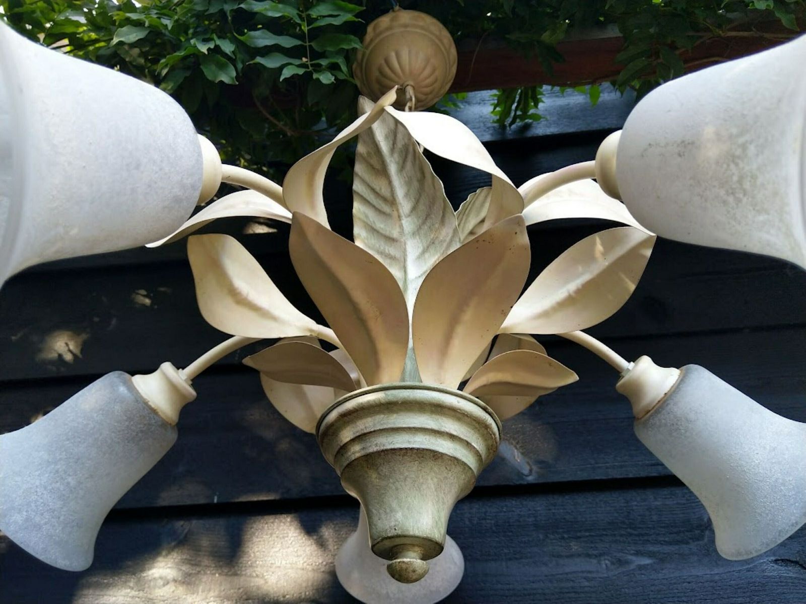 Tole Chandelier Leaves And Frosted Lampshades Cream Green 5 Arms, Toleware Ceiling Light, Toleware Leaves Chandelier photo furniture