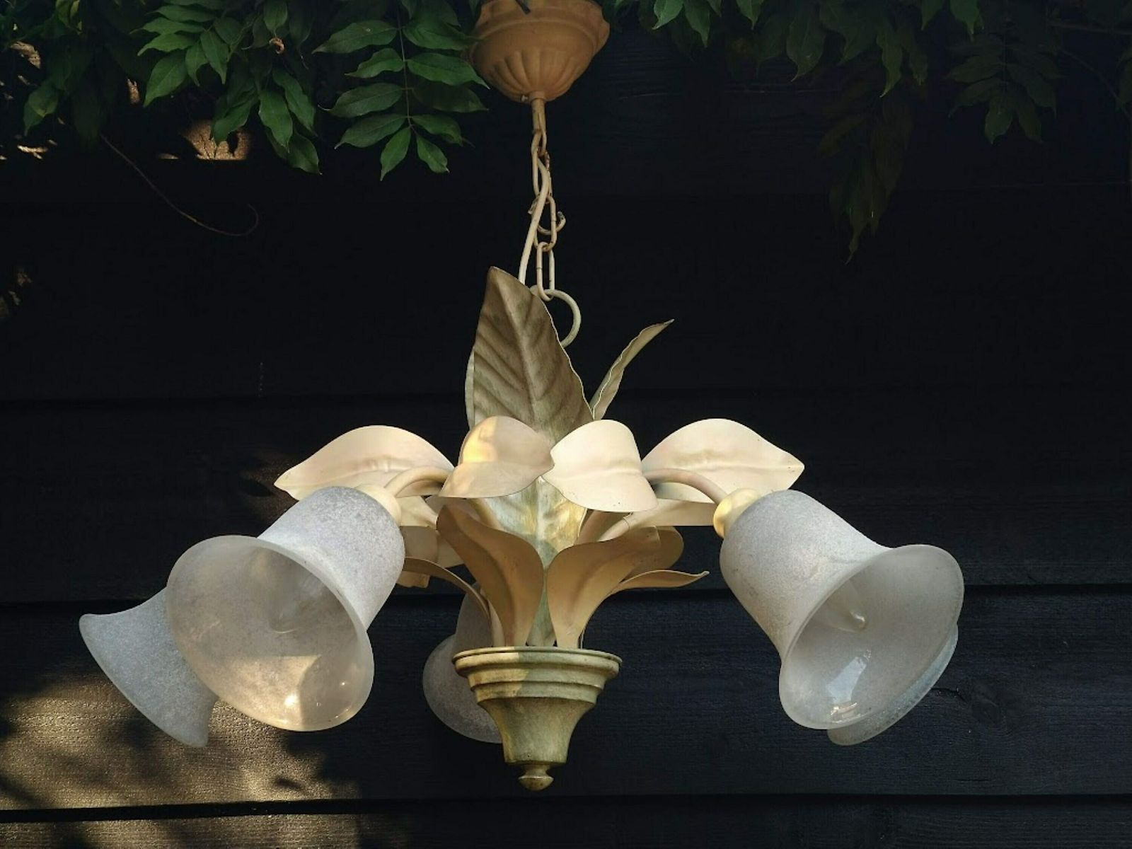 Tole Chandelier Leaves And Frosted Lampshades Cream Green 5 Arms, Toleware Ceiling Light, Toleware Leaves Chandelier photo for sale