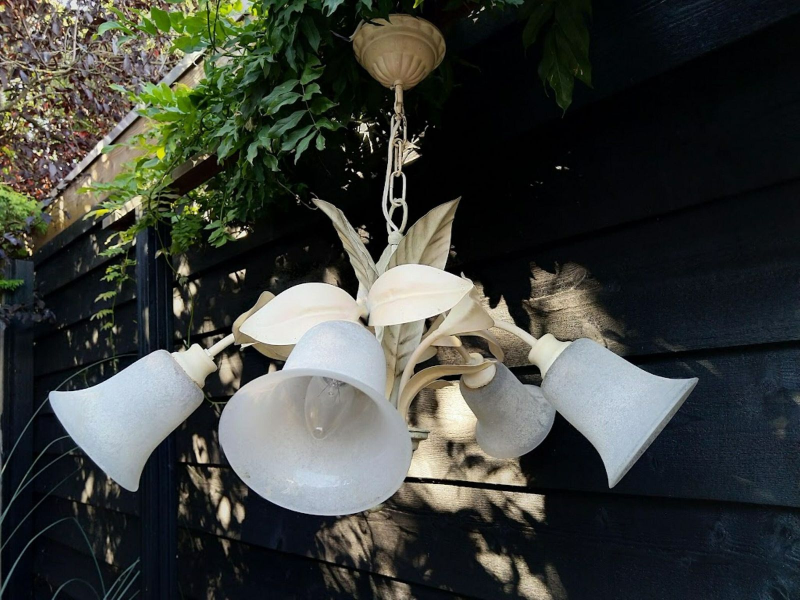 Tole Chandelier Leaves And Frosted Lampshades Cream Green 5 Arms, Toleware Ceiling Light, Toleware Leaves Chandelier photo vinterior