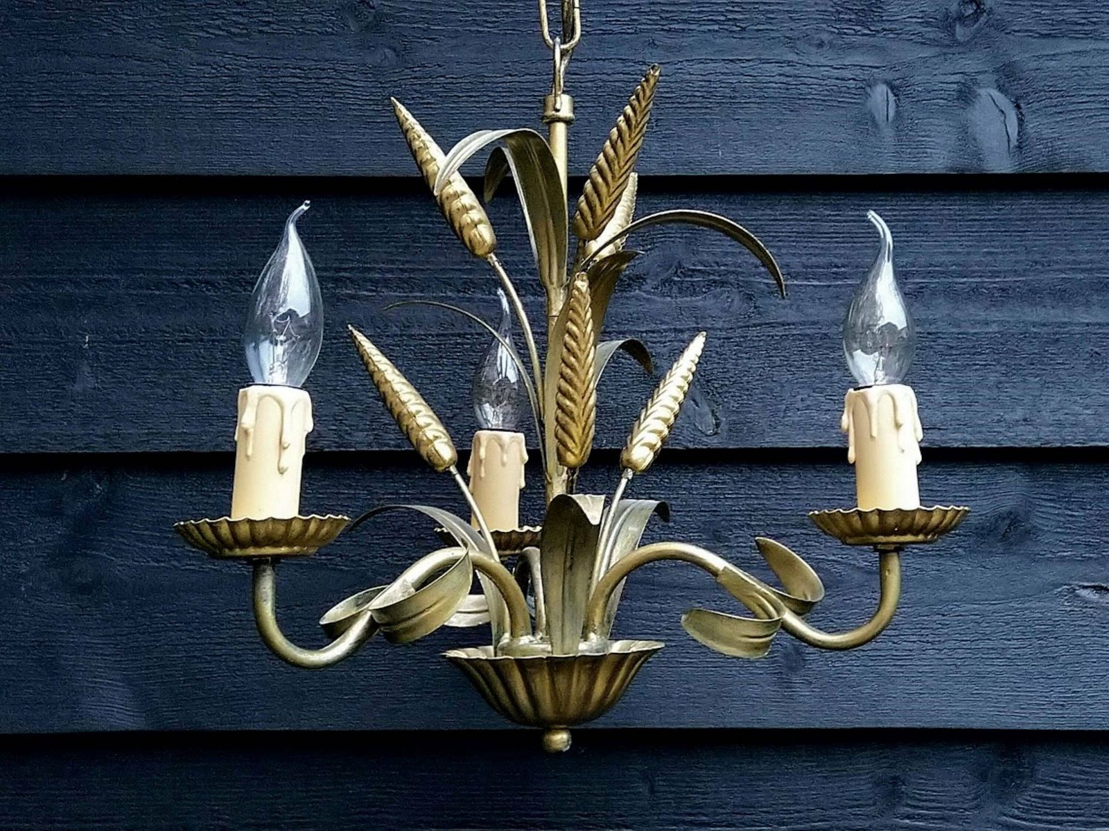 Gold Tole Chandelier With Ears Of Wheat 3 Light Bulbs, Hollywood Regency Tole Chandelier Hans Kögl Design, Mid Century Chandelier