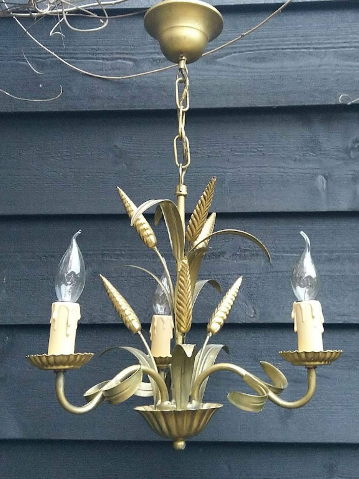 Gold Tole Chandelier With Ears Of Wheat 3 Light Bulbs, Hollywood Regency Tole Chandelier Hans Kögl Design, Mid Century Chandelier photo 240.0