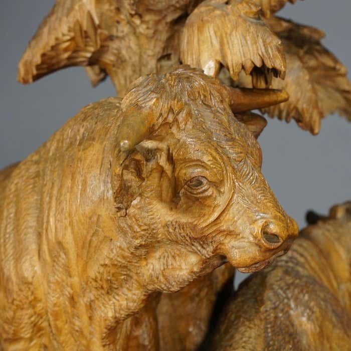 photo for sale Large Group Of Carved Cattles With Glass Vase Inset, Brienz Ca. 1890