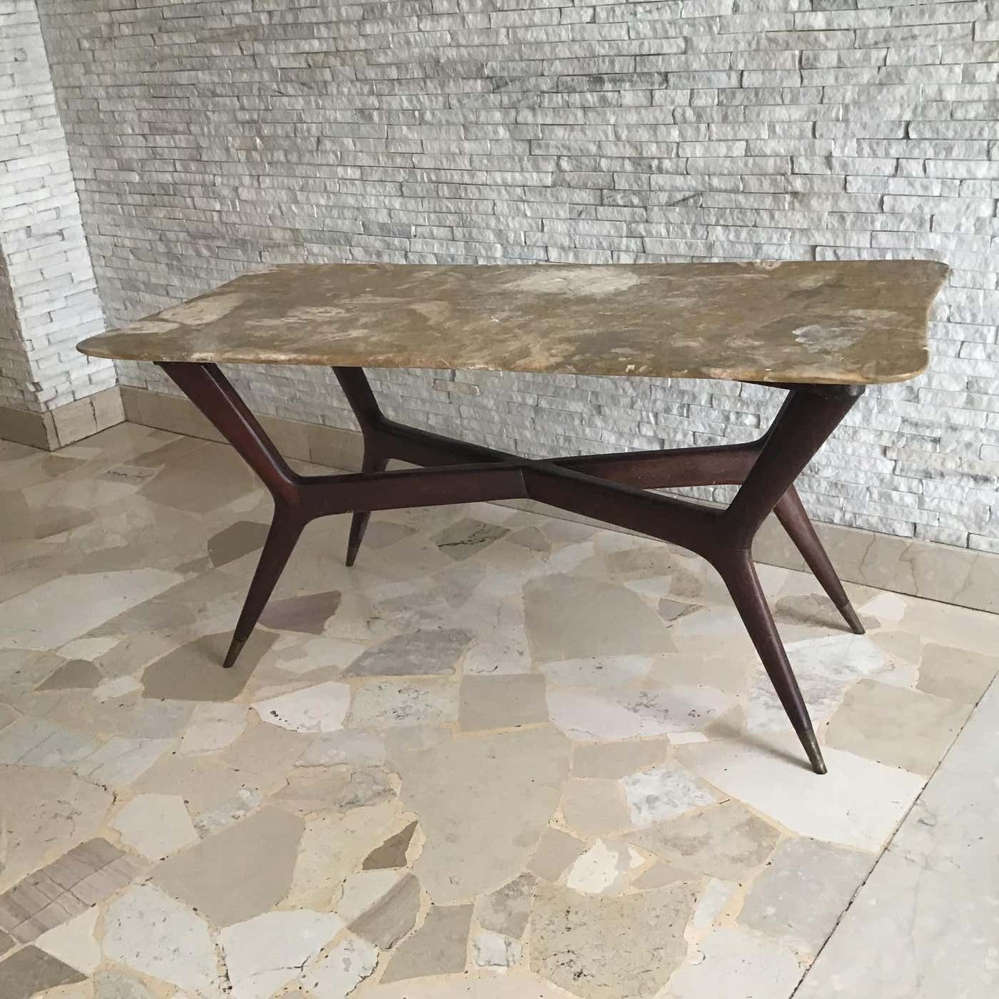 Gio' Ponti Coffee Table Brass Wood Marble, Certificate Archive 1950, Italy photo 9608.0