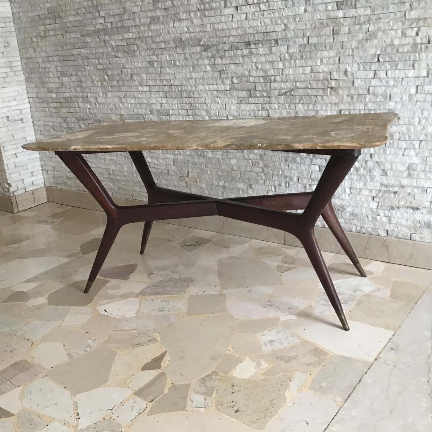 9608.0 Gio' Ponti Coffee Table Brass Wood Marble, Certificate Archive 1950, Italy photo