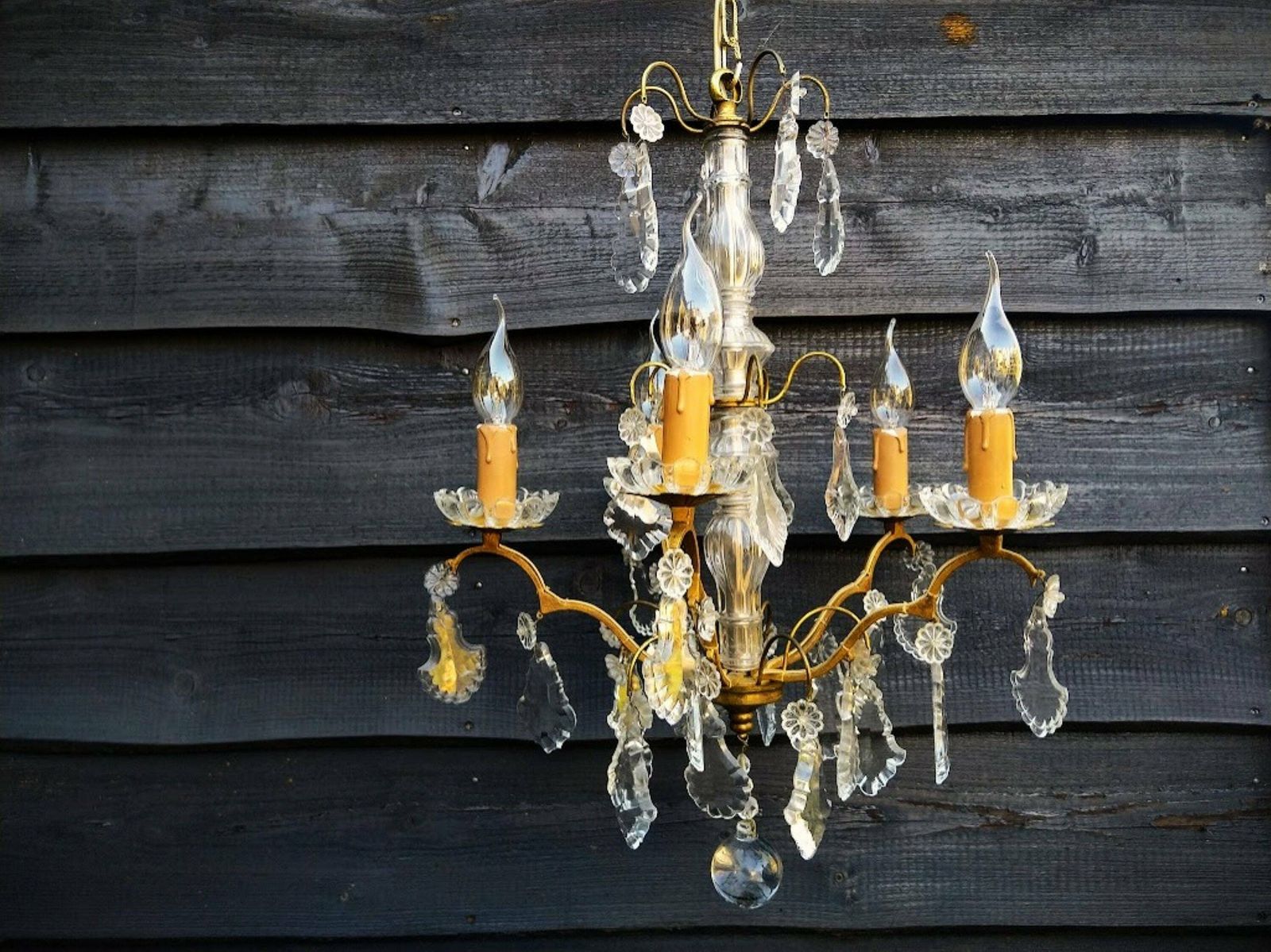 Antique French Girandole Chandelier Brass With Crystals 5 Arms