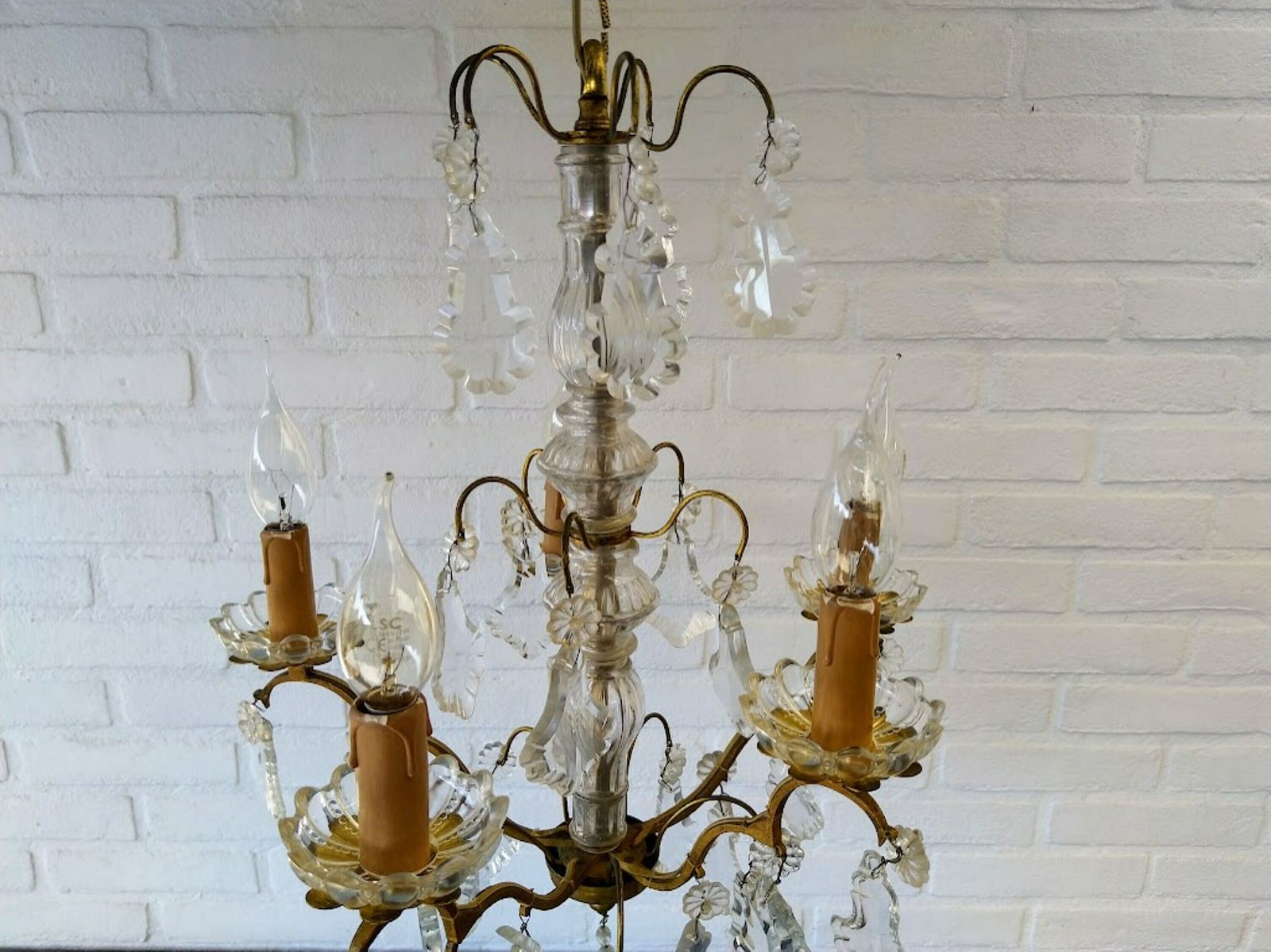 Antique French Girandole Chandelier Brass With Crystals 5 Arms photo Lighting