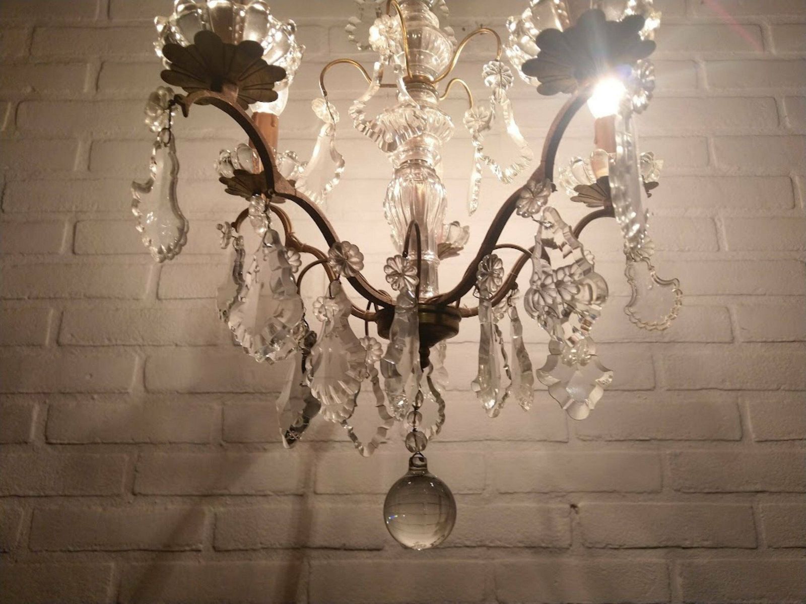 photo for sale Antique French Girandole Chandelier Brass With Crystals 5 Arms