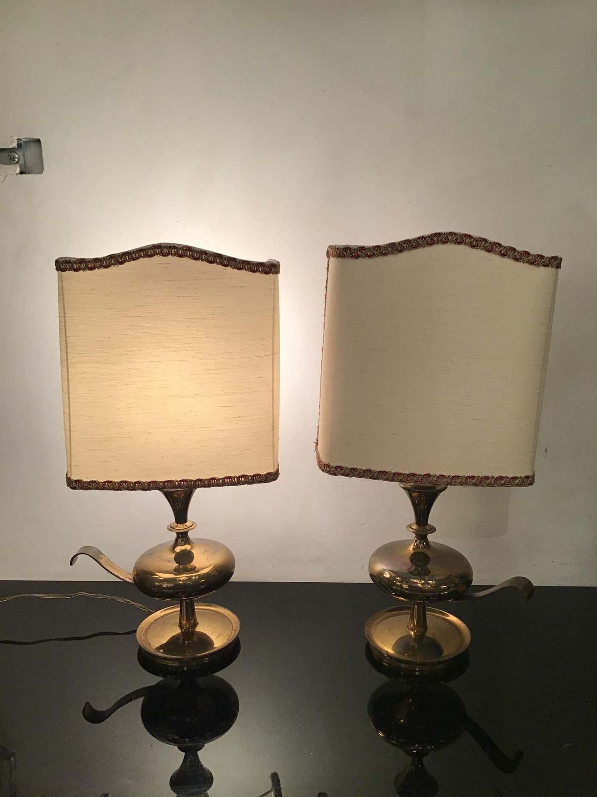 Angelo Leliipair Of Brass Table Lamps Fabric Lampshade 1950s Italy photo furniture