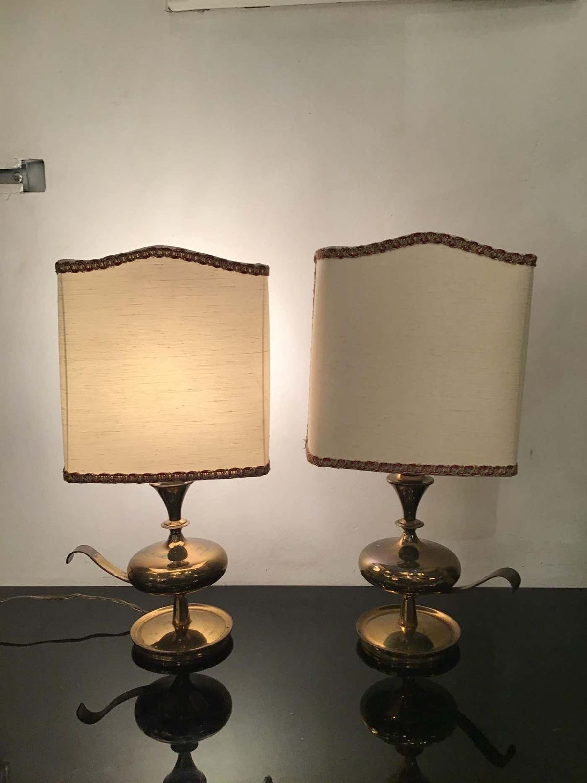 Angelo Leliipair Of Brass Table Lamps Fabric Lampshade 1950s Italy photo Lighting