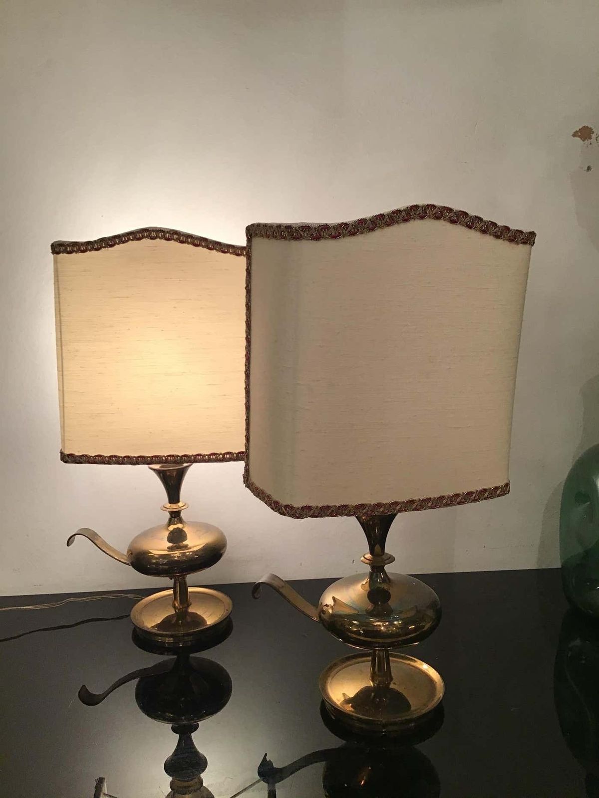 Angelo Leliipair Of Brass Table Lamps Fabric Lampshade 1950s Italy photo buy