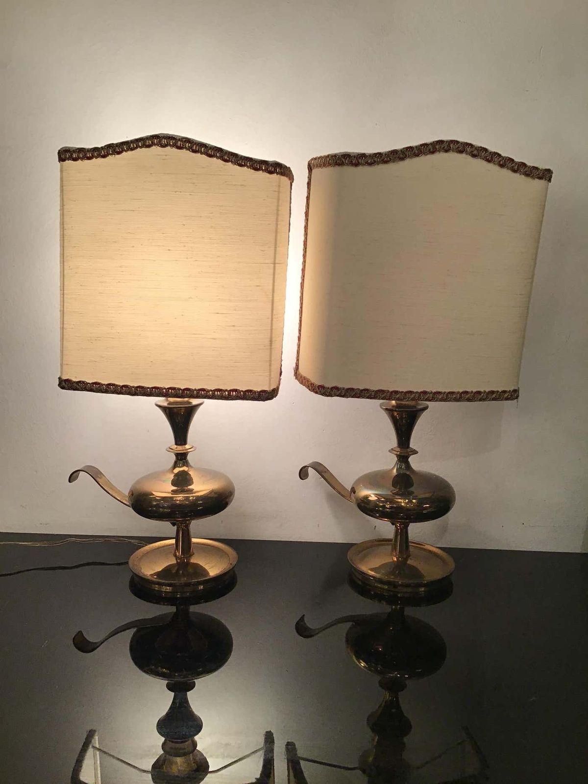 photo for sale Angelo Leliipair Of Brass Table Lamps Fabric Lampshade 1950s Italy