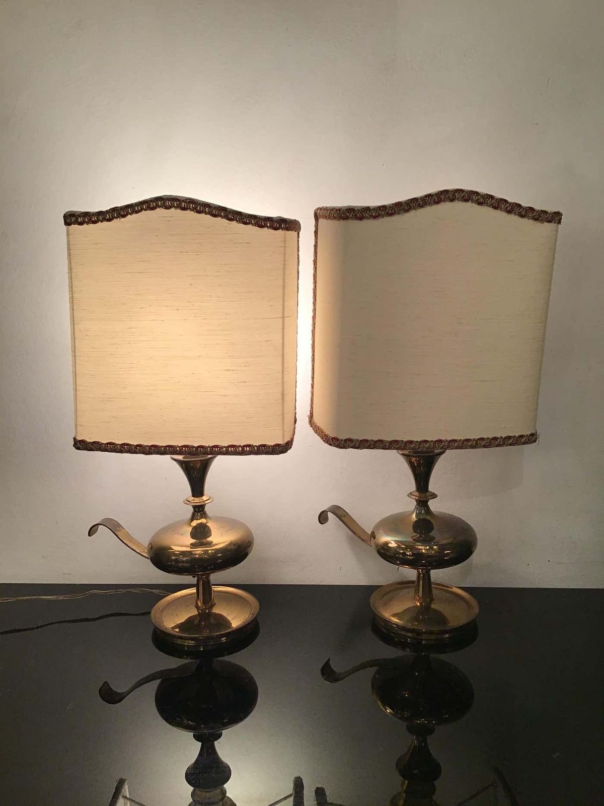 Lighting Angelo Leliipair Of Brass Table Lamps Fabric Lampshade 1950s Italy photo