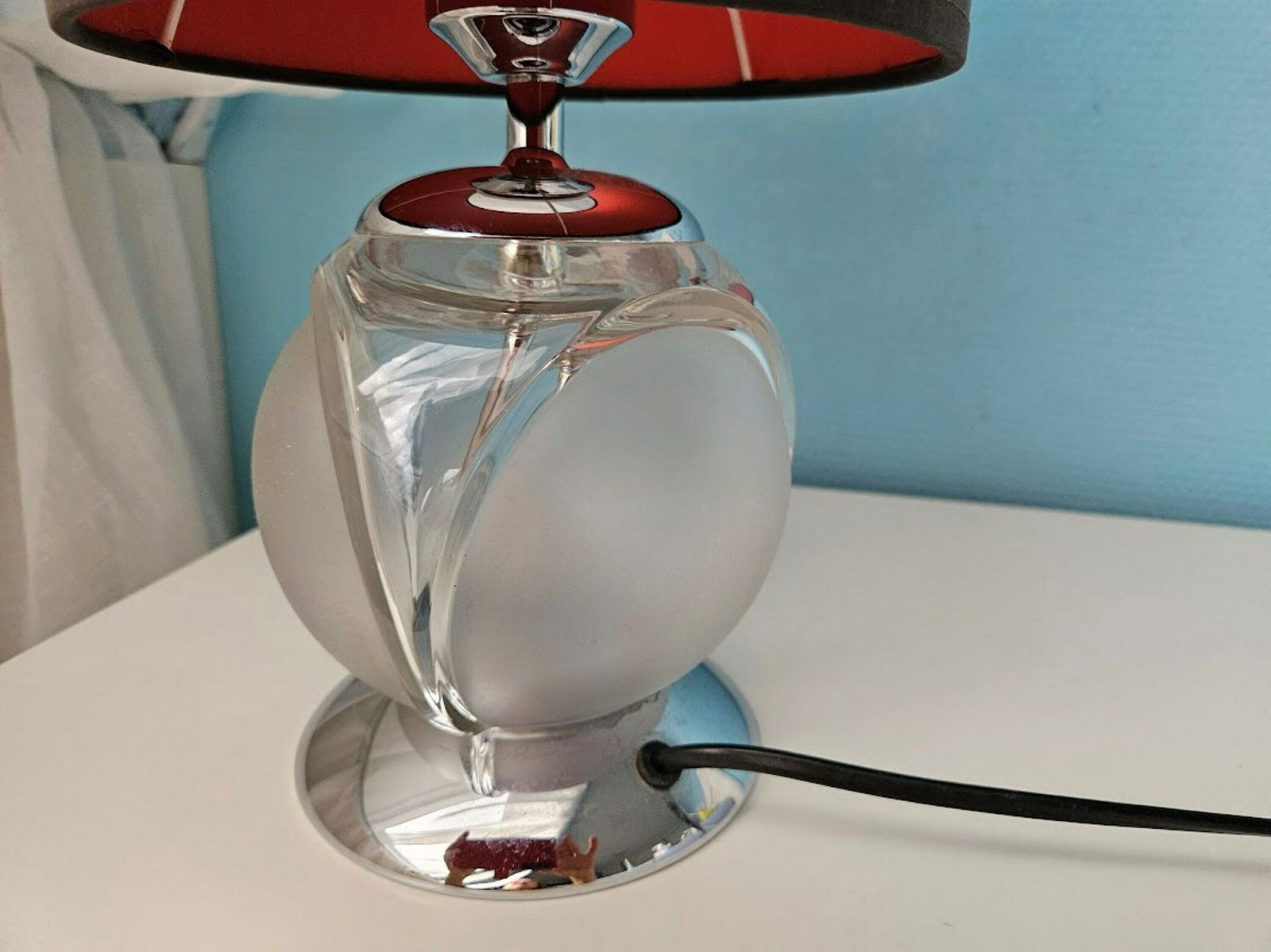 photo furniture Glass Globe Table Lamp With Lampshade Black And Red, Mid Century Modern Lamp Made In Germany, Cord, Switch And Plug