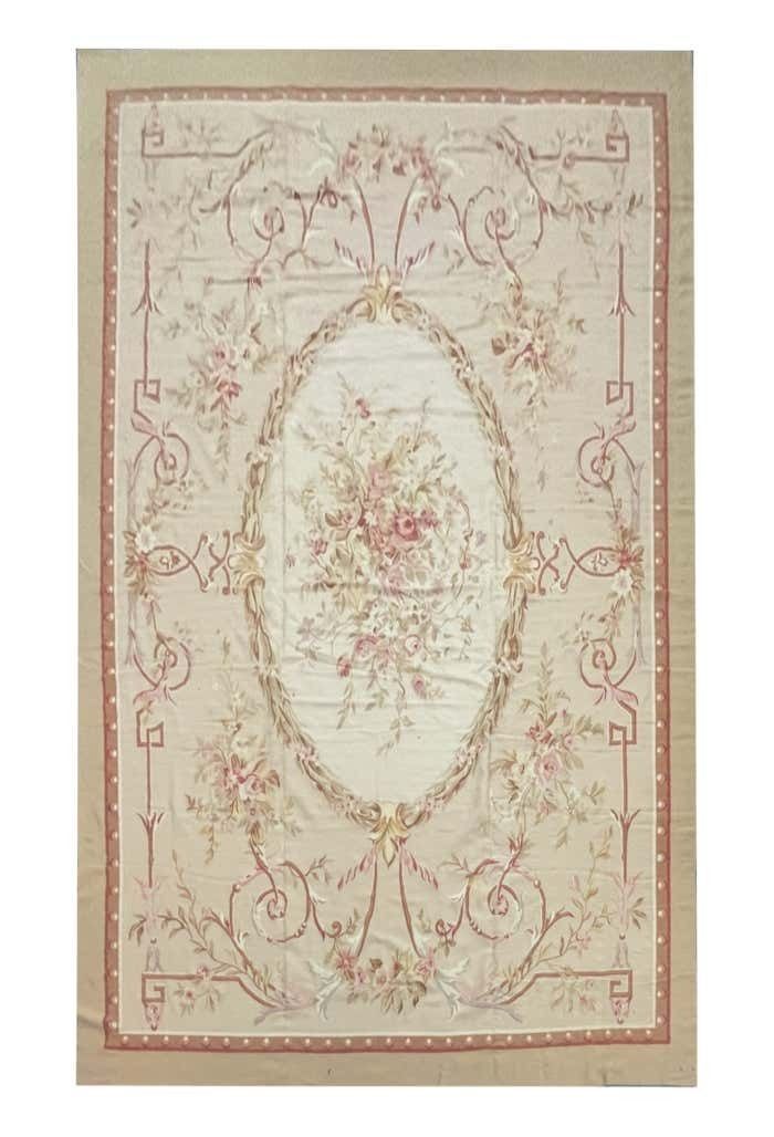 Rococo Aubusson Rug Beige Pink Handwoven Carpet Wool Livingroom Rug Home Decor