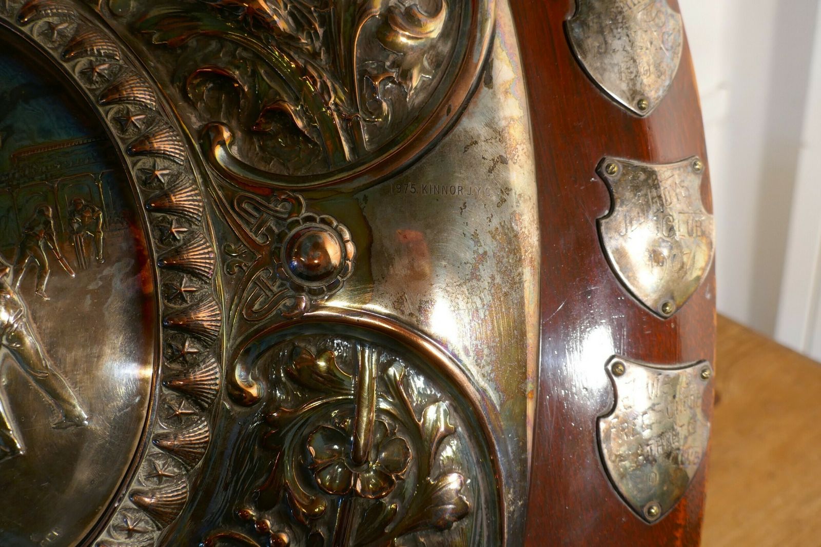 1901 Art Nouveau Sheffield Plate Cricket Trophy Shield, By Walker Hall And Sons photo 810.0