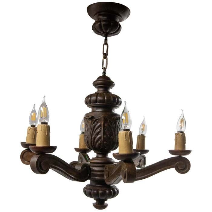 Spanish Renaissance Style Oak Ceiling Lustre Six Lamps, Circa 1960
