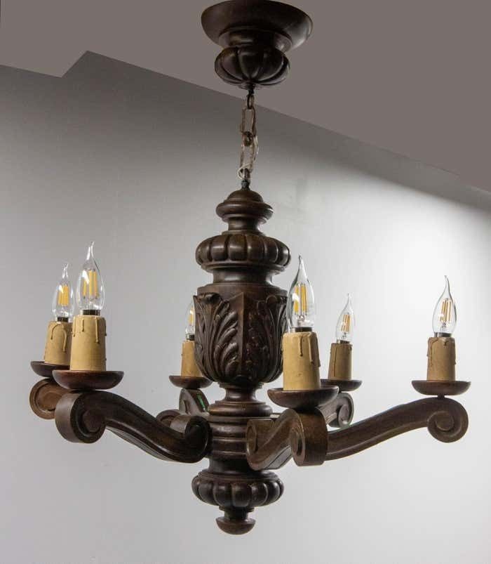 Spanish Renaissance Style Oak Ceiling Lustre Six Lamps, Circa 1960 photo furniture