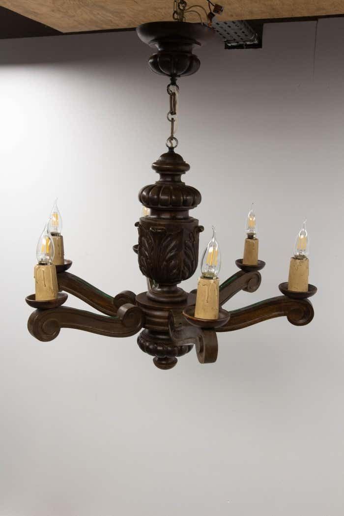 Spanish Renaissance Style Oak Ceiling Lustre Six Lamps, Circa 1960 photo for sale