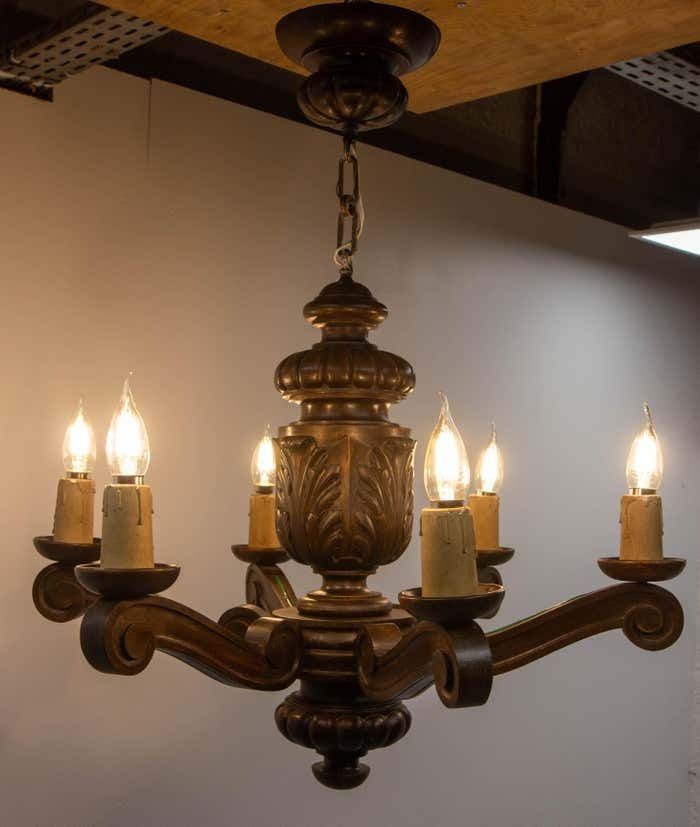Spanish Renaissance Style Oak Ceiling Lustre Six Lamps, Circa 1960 photo Lighting