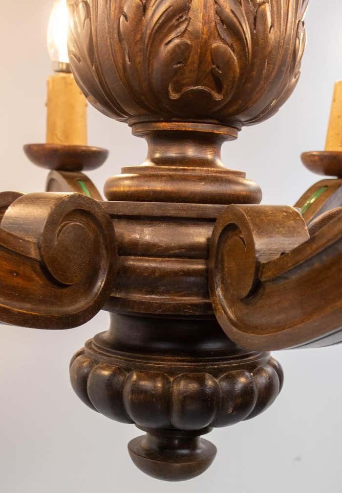 Lighting Spanish Renaissance Style Oak Ceiling Lustre Six Lamps, Circa 1960 photo