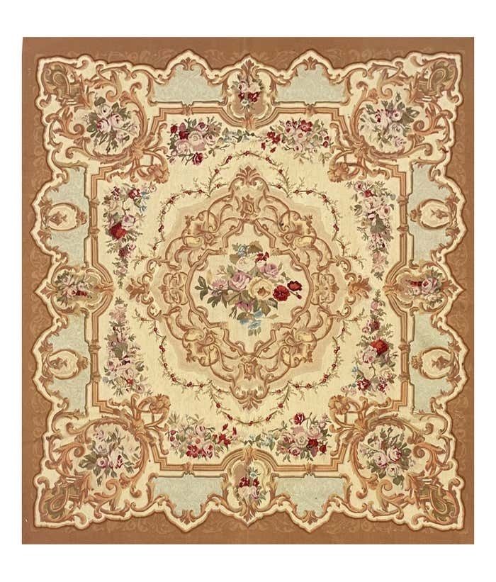 Vierkant Aubusson Vloerkleed Bruin Blauw Handgeweven Tapijt Bloemmotief Woonkamer Vloerkleed Woondecoratie