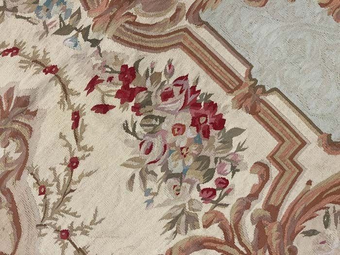 Square Aubusson Rug Brown Blue Handwoven Carpet Floral Livingroom Rug Home Decor photo Textiles