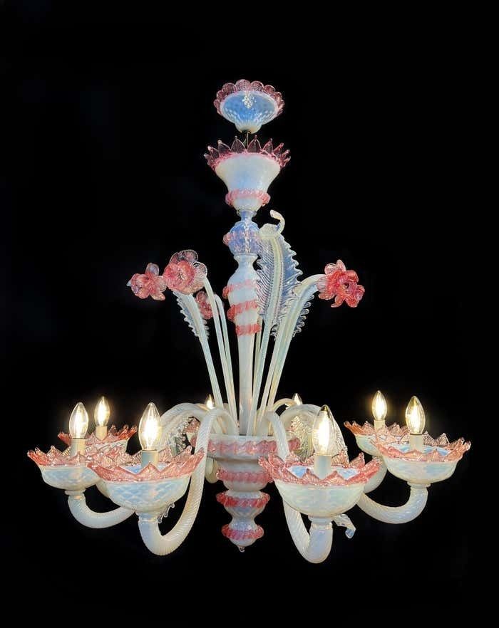 Stunning Trio Light Blue And Pink Venetian Chandeliers, Murano, 1950s photo furniture