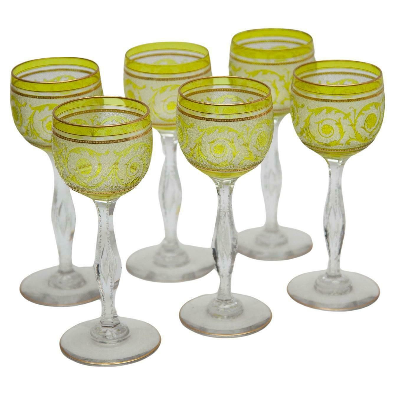 Set Of Six Saint Louis, Thistle Engraving Green Wine Glasses, 1910, France