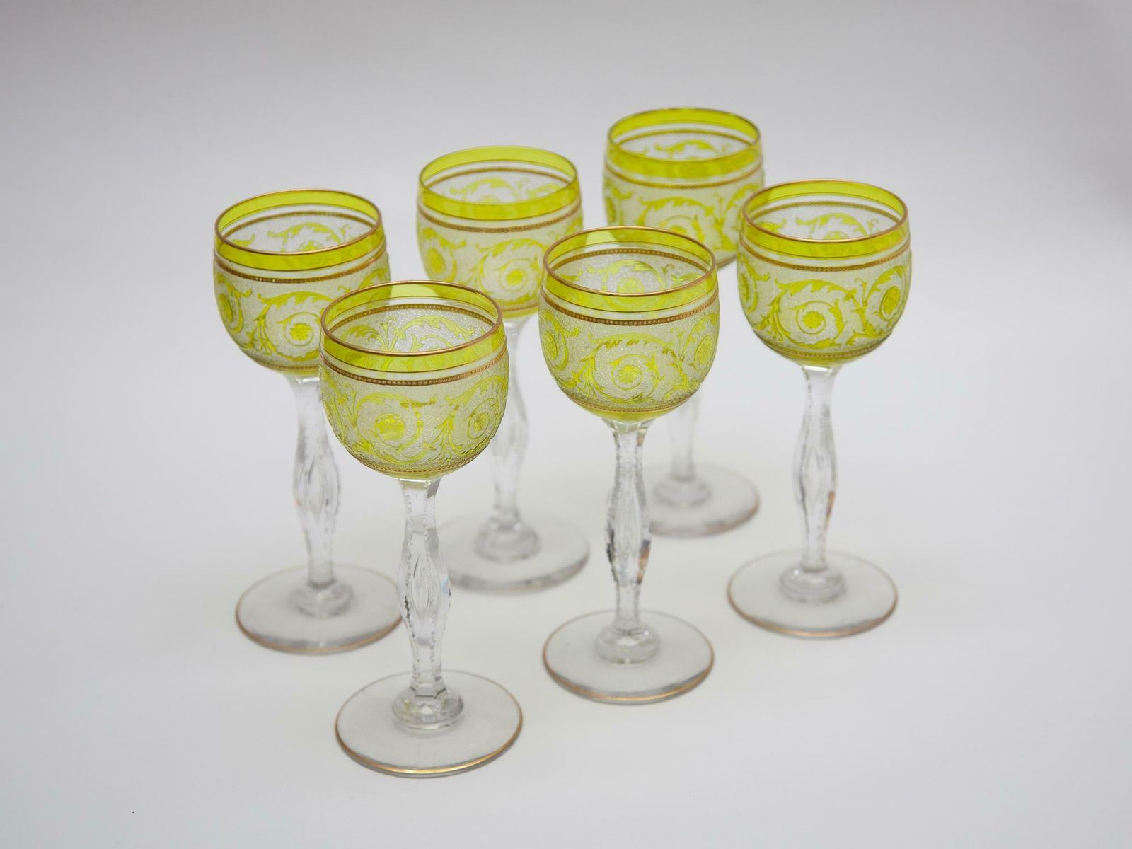 Set Of Six Saint Louis, Thistle Engraving Green Wine Glasses, 1910, France photo vinterior