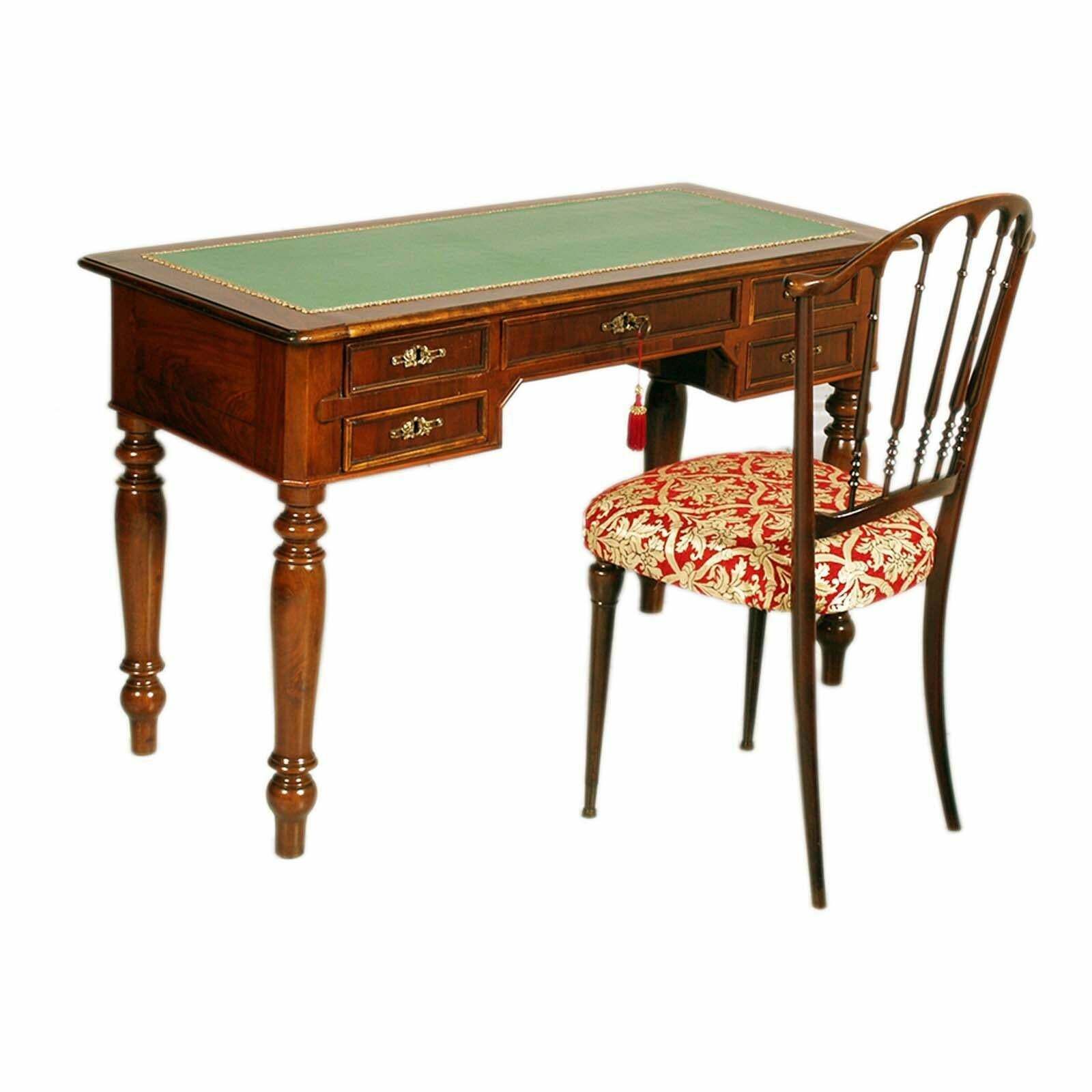 Desk 19th Century Italy Walnut Drawers Louis Philippe Green Leather Top Restored photo buy
