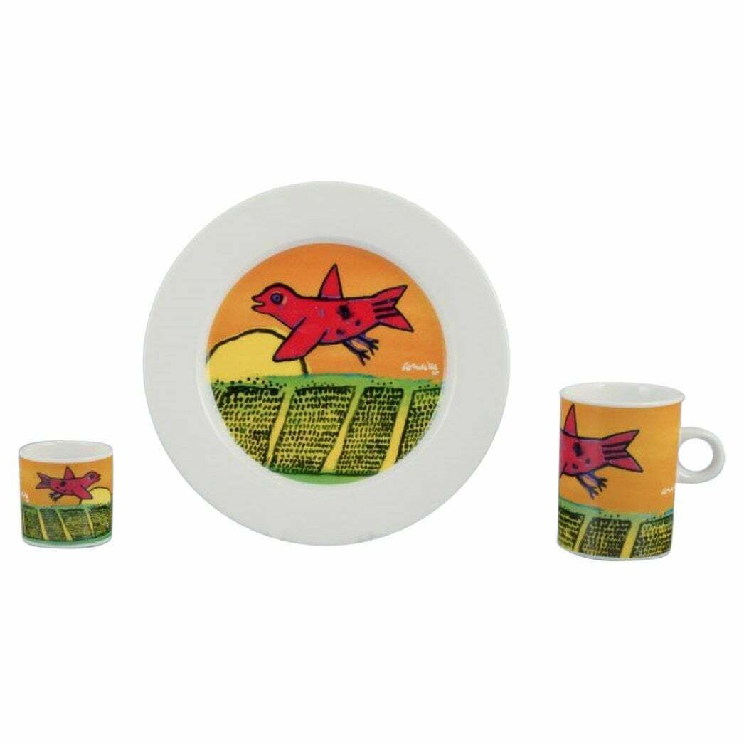 Corneille, Dutch Cobra Artist. Coffee Cup, Plate And Egg Cup With Birds 1980/90s