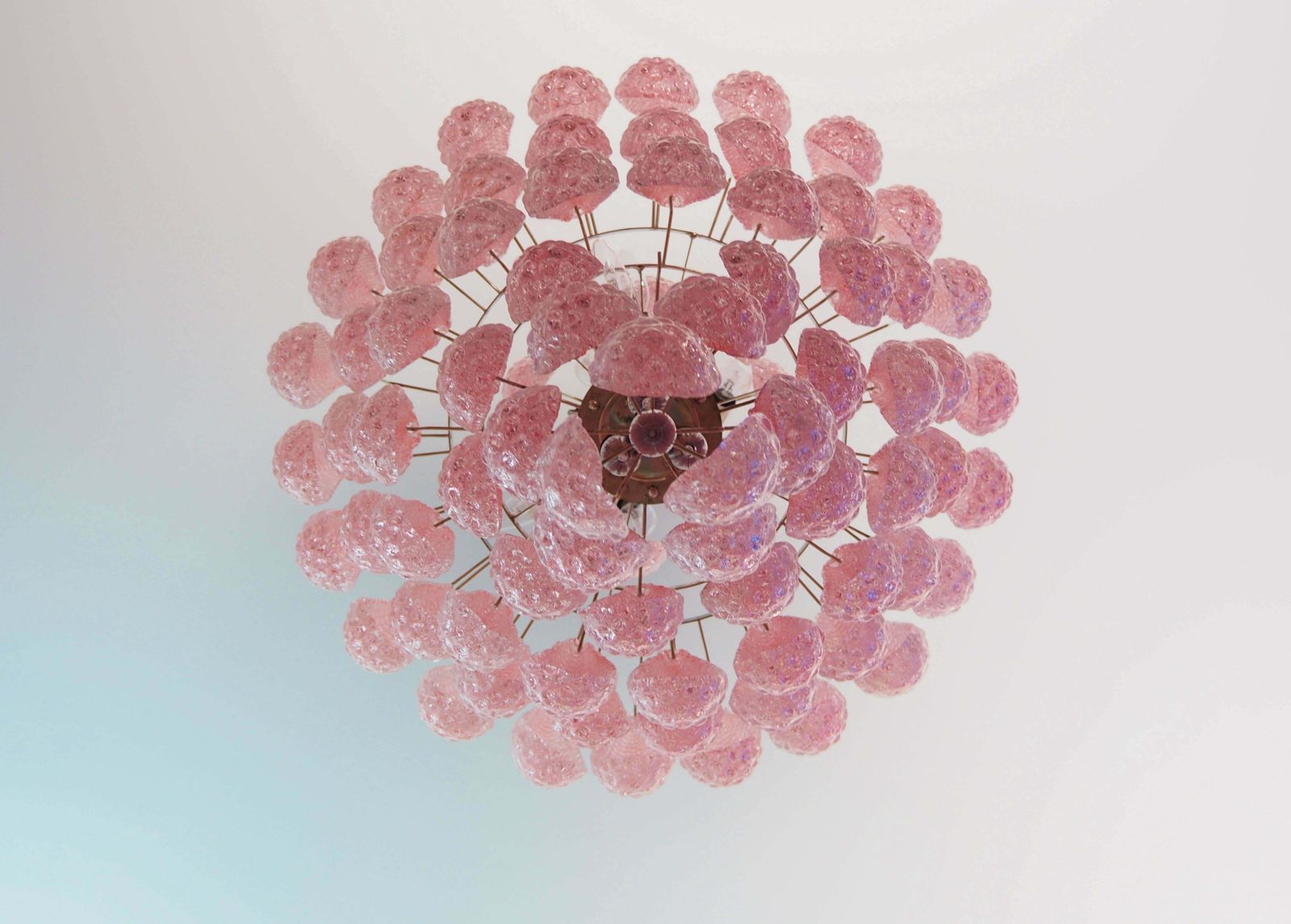 Pair Italian Pink And White Petal Chandeliers, Murano photo vintage