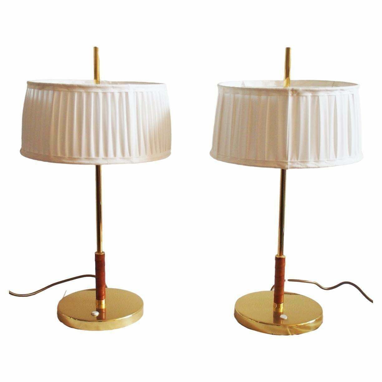 Pair Of Swedish Table Lamps Of Brass With Leather Detail And White Shade