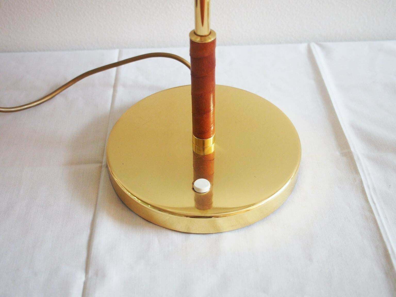 Pair Of Swedish Table Lamps Of Brass With Leather Detail And White Shade photo 1800.0