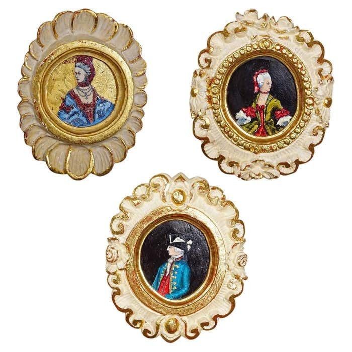 Set Of Three Vintage Paintings With People In Rococo Costumes