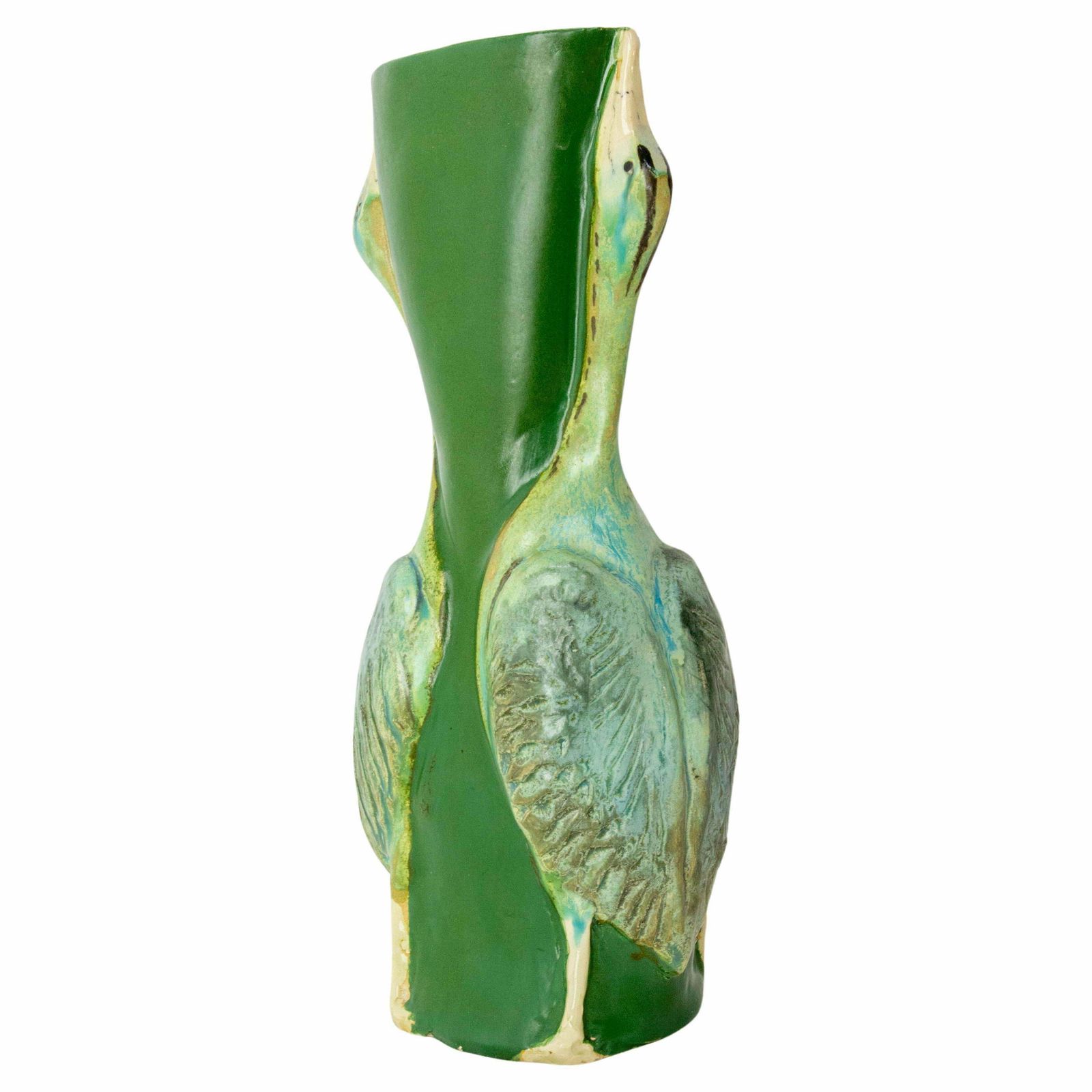 French Glass Vase With Two Gooses Embossed Art Nouveau, Circa 1900