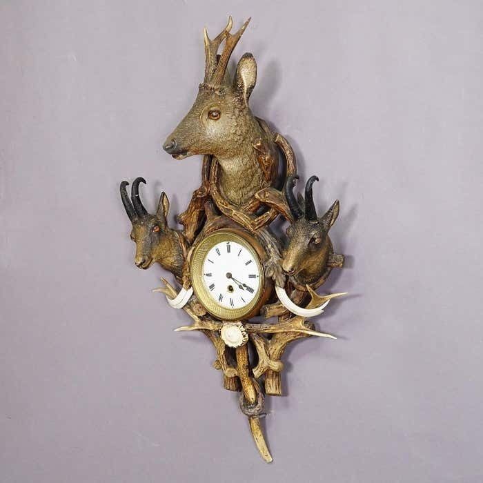 Antique Cabin Antler Wall Clock With Deer And Chamois Austria Ca. 1900 photo 3613.0