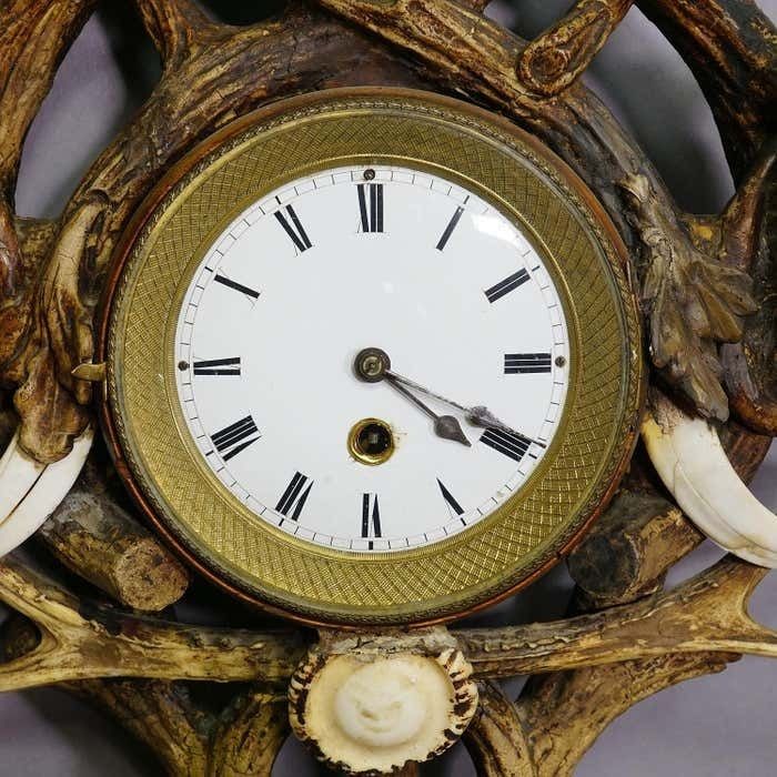 photo buy Antique Cabin Antler Wall Clock With Deer And Chamois Austria Ca. 1900
