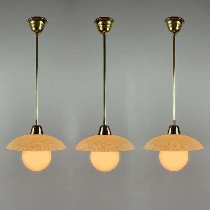 Cream Textured Glass And Brass Pendants, Sweden 1940s To 1950s photo for sale