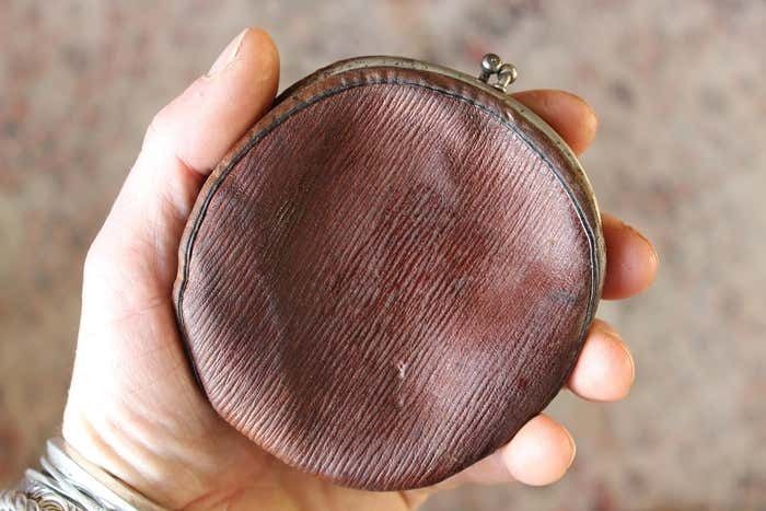 Mid 20th Century Folk Art Pug Bull Dog Leather Coin Purse Bag photo vintage