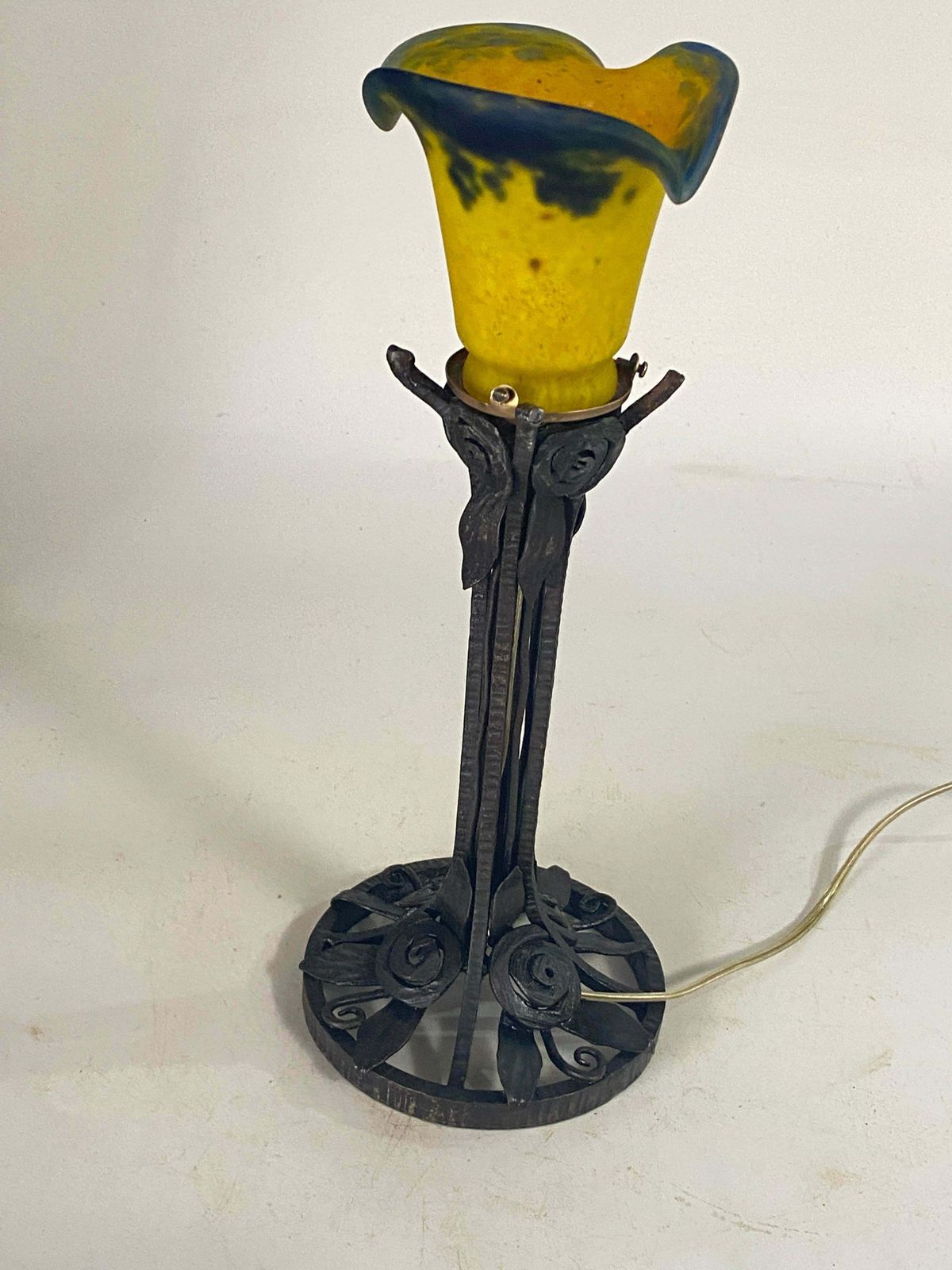 French Art Deco Table Lamp Hammered Iron France Circa 1920 Daum Style Pate Verre