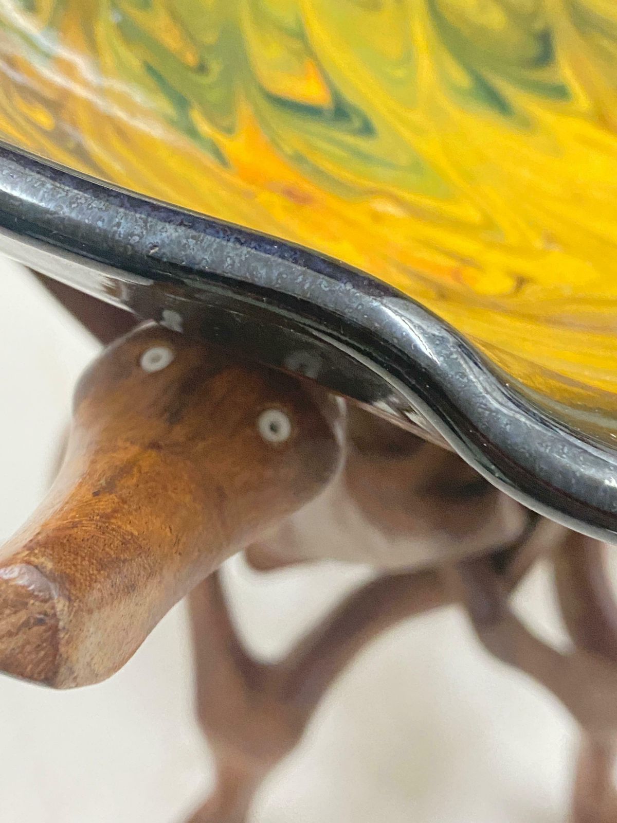 682.0 Large Ceramic Vide Poche On A Tripod Base In Wood Sculpted Birds Circa France photo